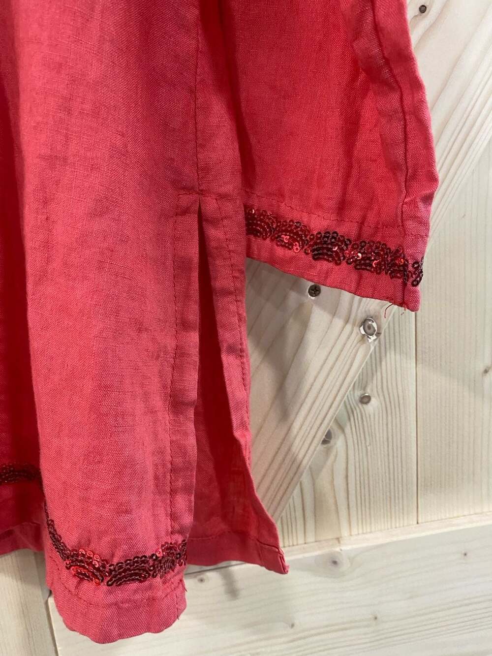 Lulu-B Top Size S Pink Linen Sequin Trim 3/4 Sleeve V-Neck Popover Blouse - Picture 3 of 9